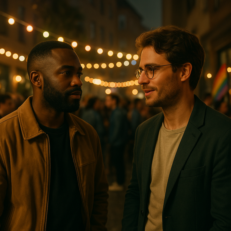 Two men in conversation on a warmly lit street at night, string lights overhead and a faint rainbow flag in the background. Two men chatting during a nighttime street festival with festive lights and a Pride flag in view.