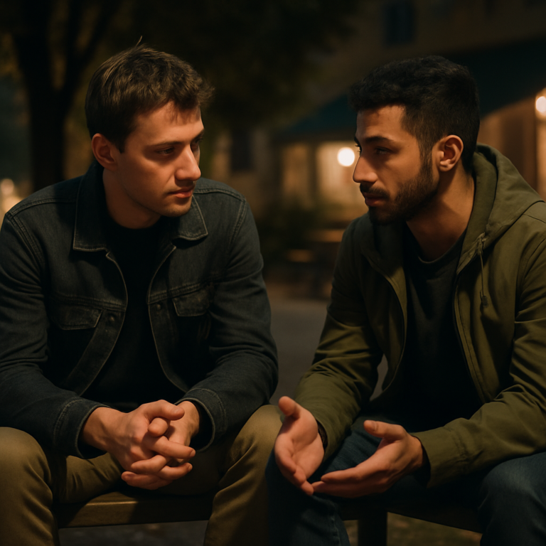 Two men sit on a bench at night, engaged in a serious, quiet conversation outdoors.