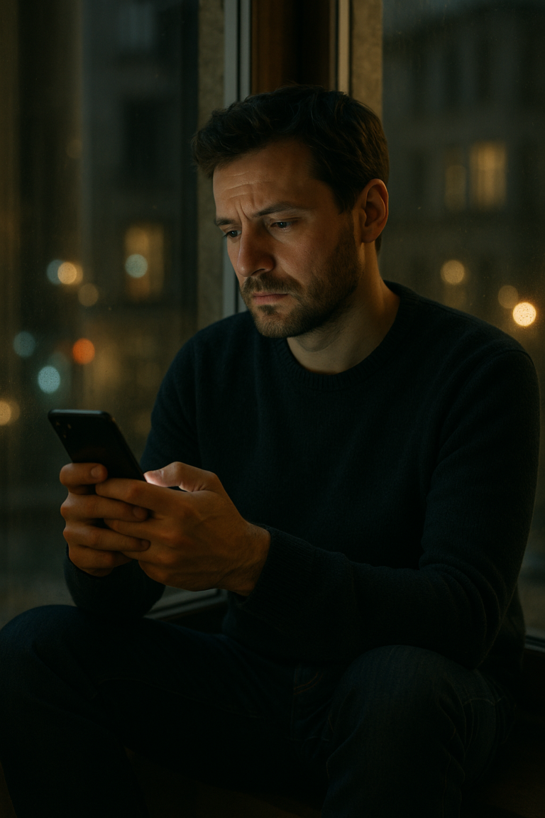 Man in a dark sweater sits by a window at night, looking intently at a smartphone in his hands in a dimly lit room at dusk/nightfall.