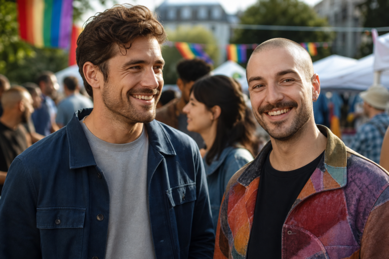 Two men smiling at an outdoor Pride festival with rainbow bunting in the background.